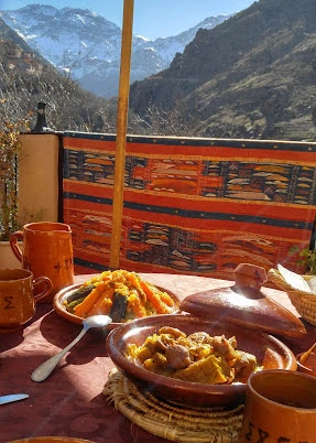 Traditional Moroccan Tagine lunch with Mount Toubkal view in Imlil village
